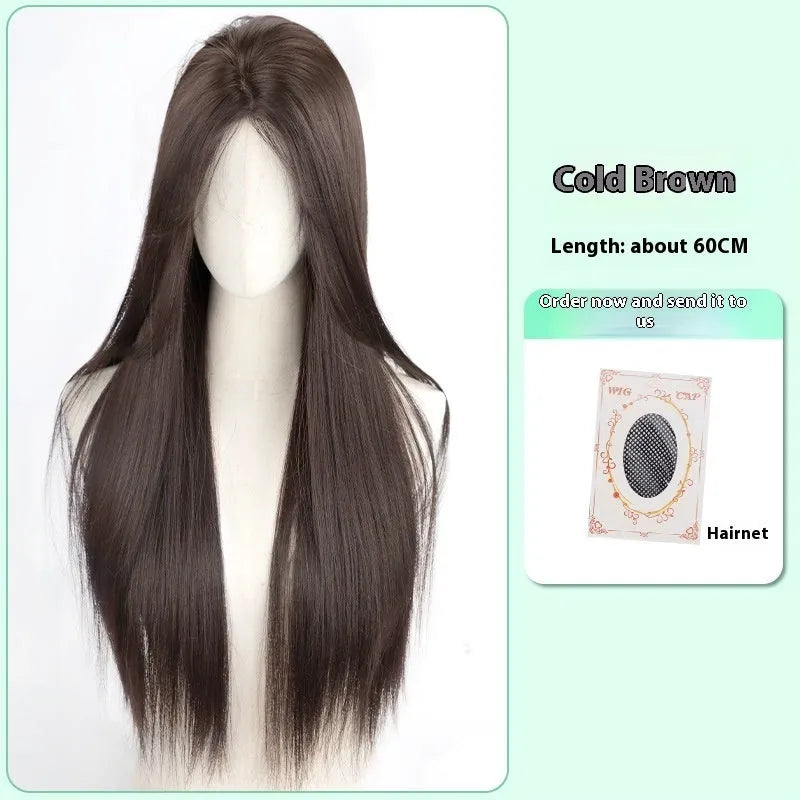 Female full-head wig with forehead lace construction in brown black colour with long straight styling