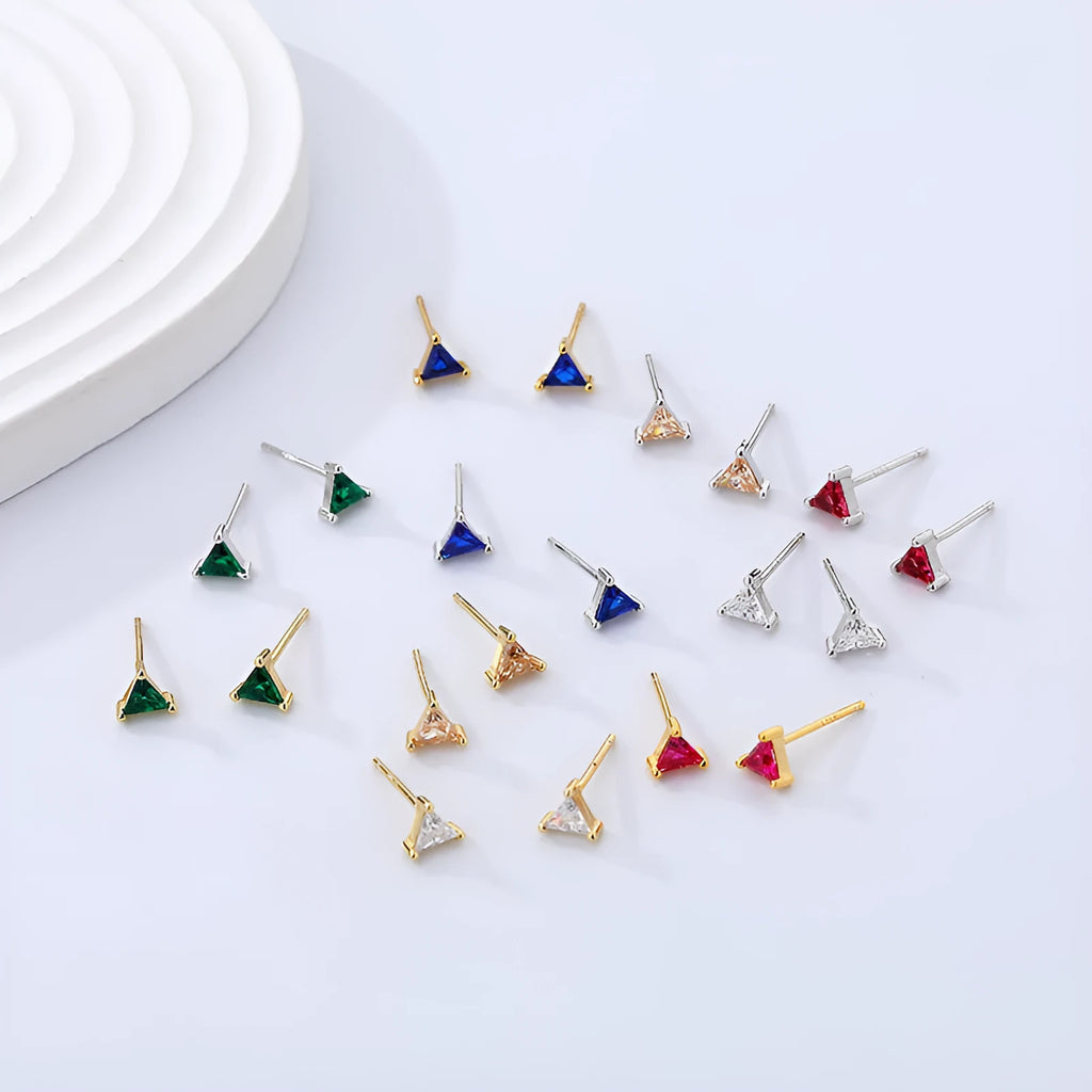 925 sterling silver colour geometric triangle stud earrings with zircon, yellow gold dark blue, 1 pair