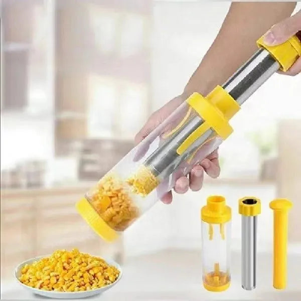 Yellow ABS plastic corn stripper tool with stainless steel mechanism measuring 27cm high