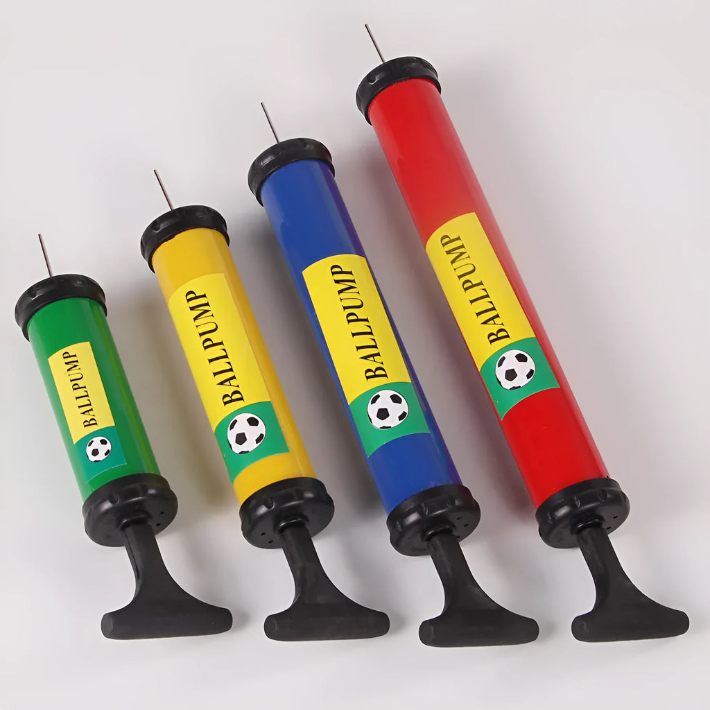 Mixed colour plastic manual hand pump for inflating basketballs, volleyballs, footballs, and balloons.