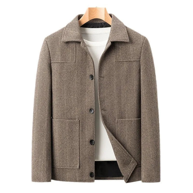 Mens slim fit woolen jacket with lapel collar in grey or dark coffee, business gentleman style, sizes 170-190 yards