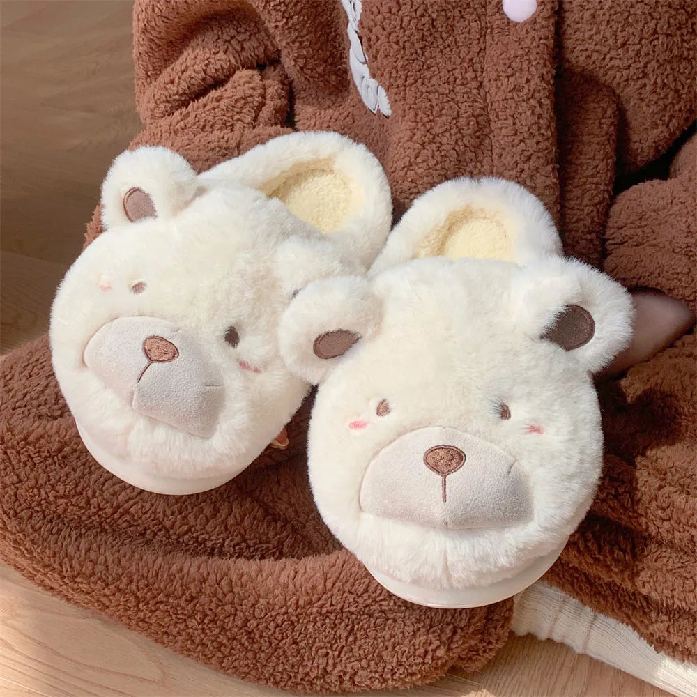 Cartoon-patterned plush suede baotou slippers for women in khaki colour with round toe.