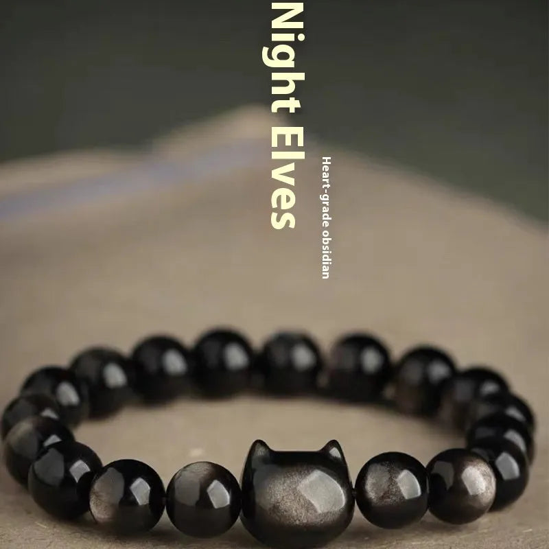 Obsidian cat head bracelet with natural stone beads and gold or silver style charm