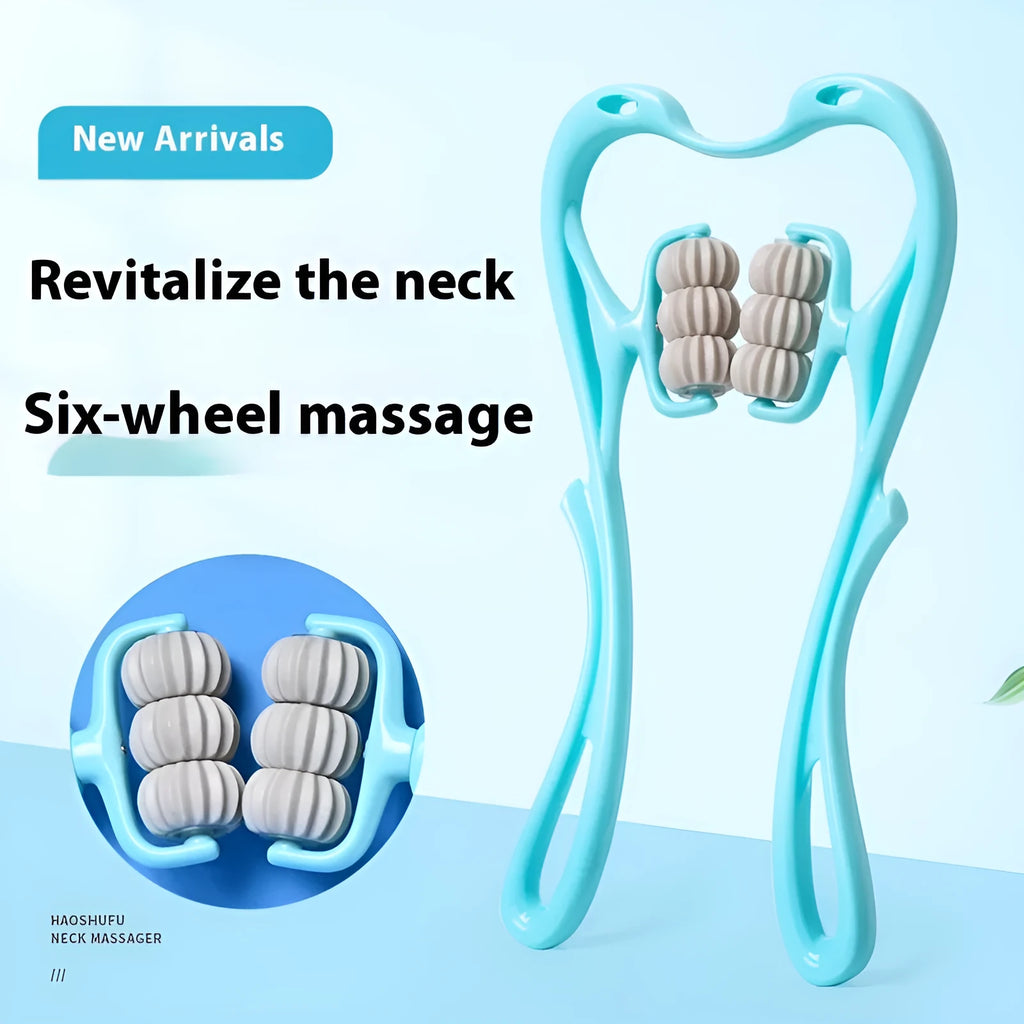 Blue six-wheel electric deep tissue massager with heat for shoulders, neck, and back relief.