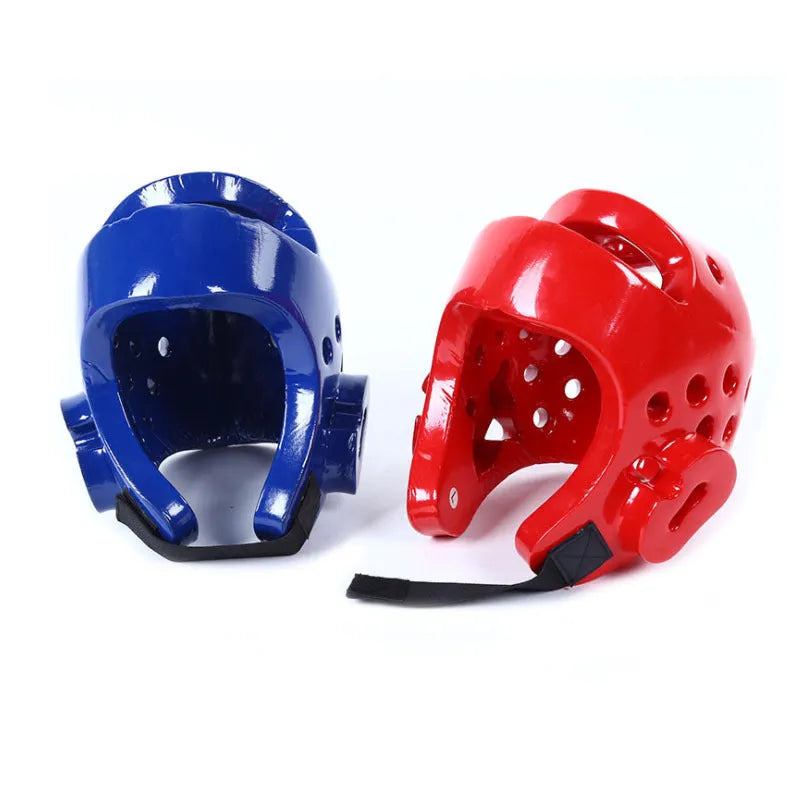 Karate taekwondo protective gear set including leg guard, helmet and boxing gloves in red PU material