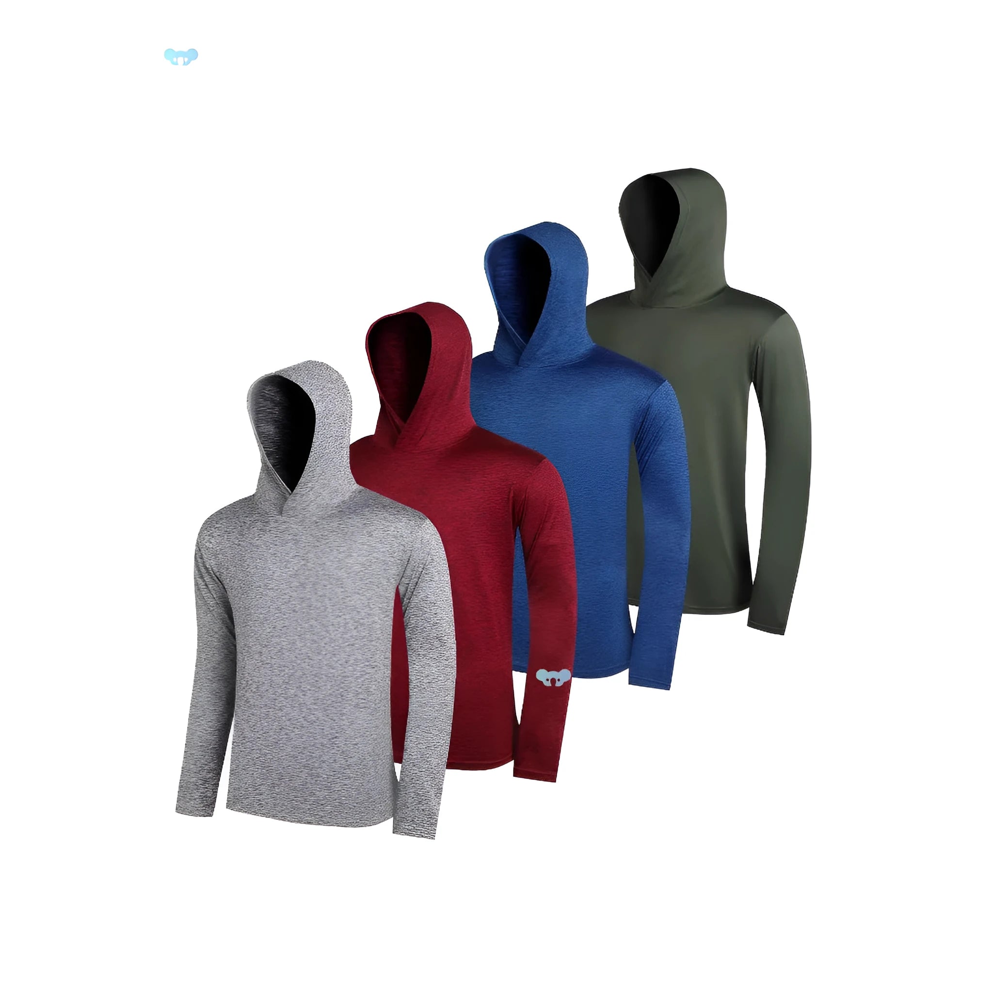 Four men's lightweight polyester hoodies folded, showing colour options Wthm-451, Wthm-452, Wthm-453, Wthm-455, Wthm-456.