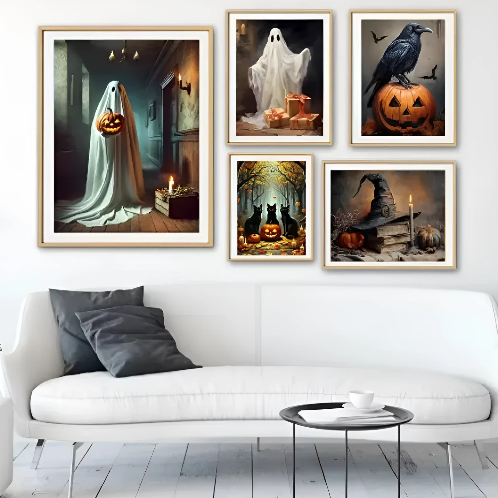 Canvas wall art showing pumpkin Halloween decoration with ghost tea party scene, three sizes available