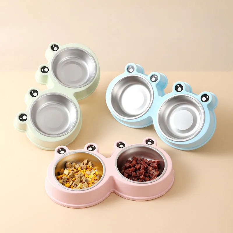 Stainless steel pet double bowl with frog design for separate food and water compartments