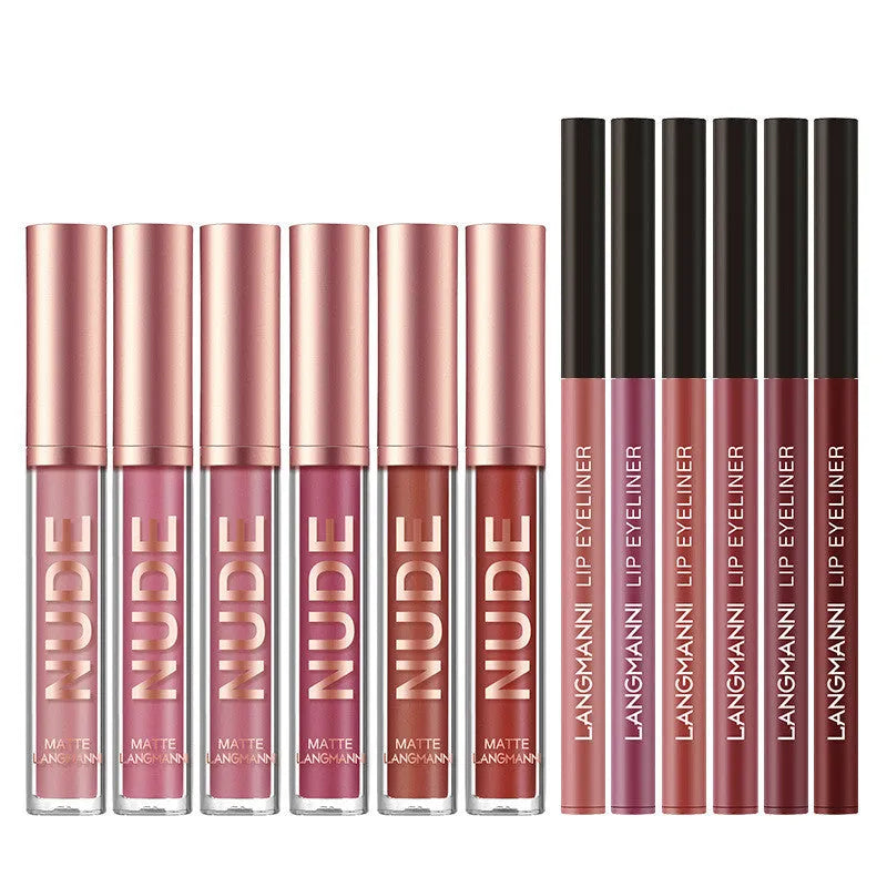 12-piece matte lip liner and lipstick set in coordinated colours, includes 6 lipsticks and 6 liner pens