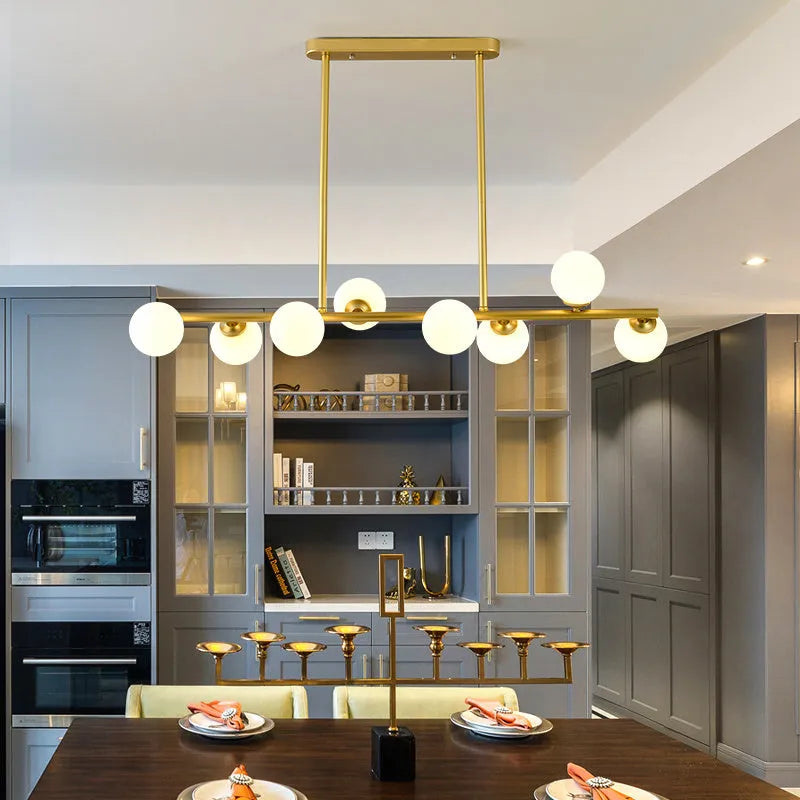 Modern minimalist glass bubble ball chandelier with 6 black arms and clear glass shades