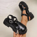 Black women's backless sandals with buckle, toe cap, hollowed design, PU upper, rubber sole, sizes 36-43