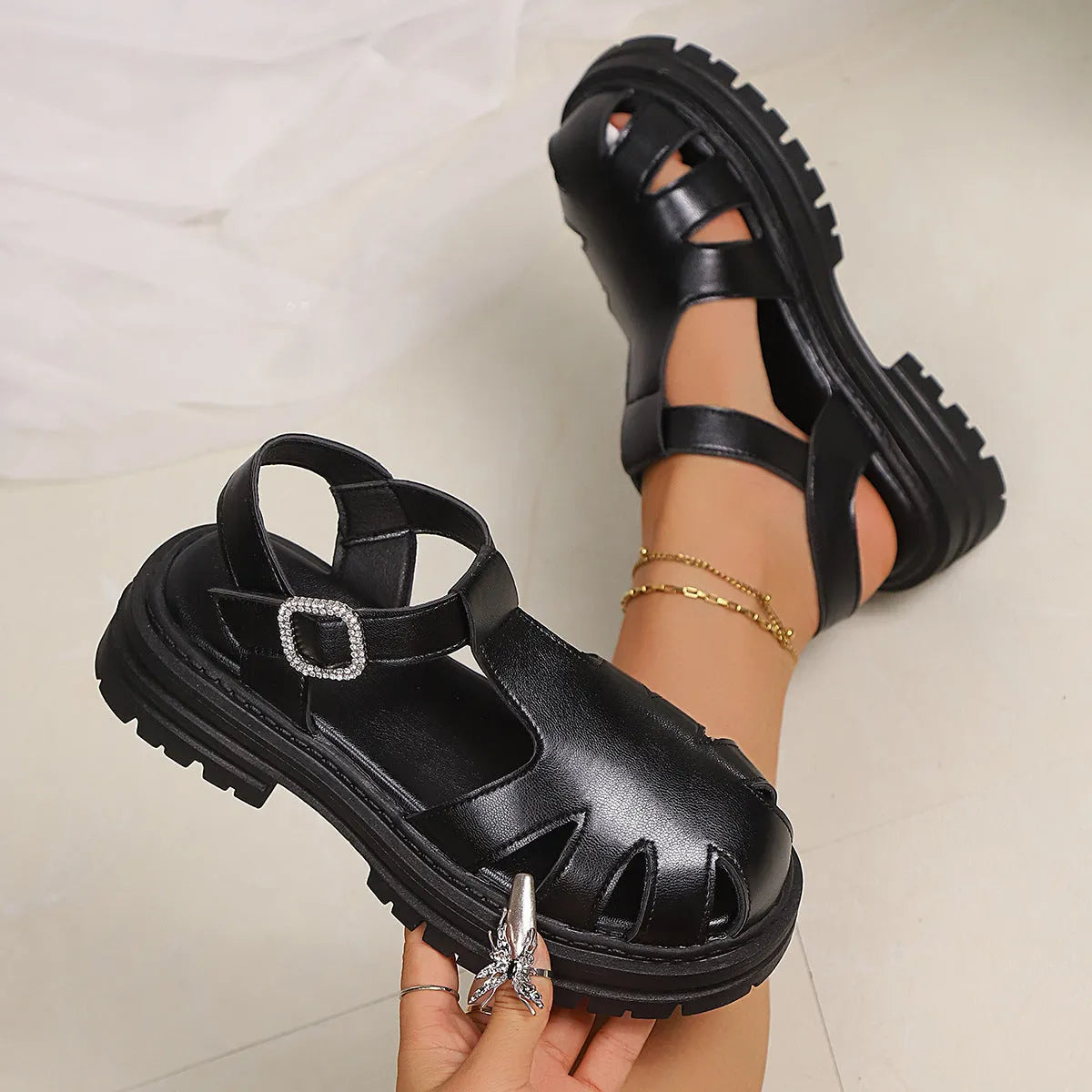 Black women's backless sandals with buckle, toe cap, hollowed design, PU upper, rubber sole, sizes 36-43