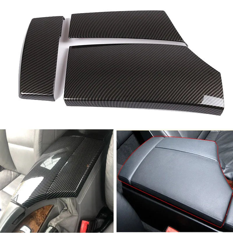 Three ABS carbon fibre pattern armrest box protective covers for car centre console storage