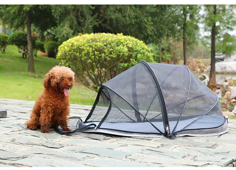 Folding cloth cat tent with half-mesh panels shown in blue colour option