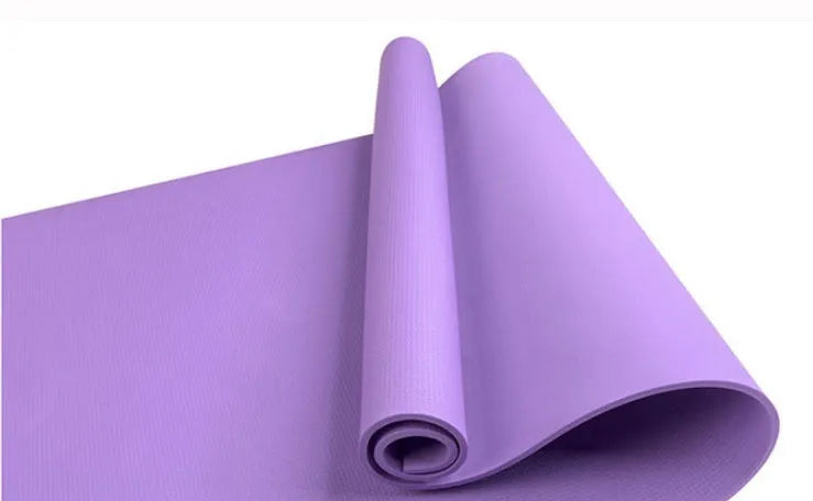 Red and blue EVA yoga mats showing 4mm and 6mm thickness options rolled up with storage bag.