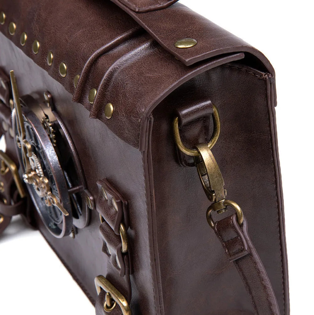 Bronze steampunk industrial retro style shoulder bag with pillow shape and metal hardware