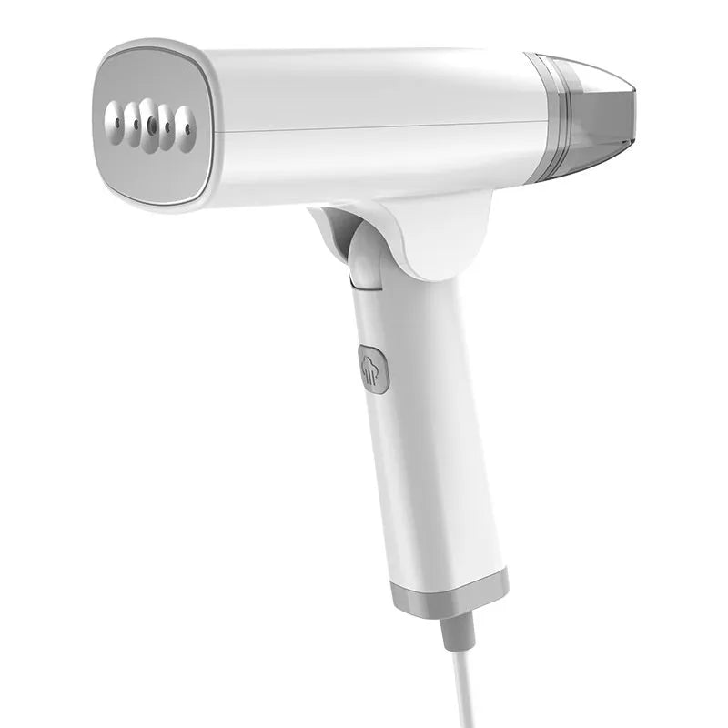 Blue and white handheld garment steamer with 1300W power rating and 85ml water tank