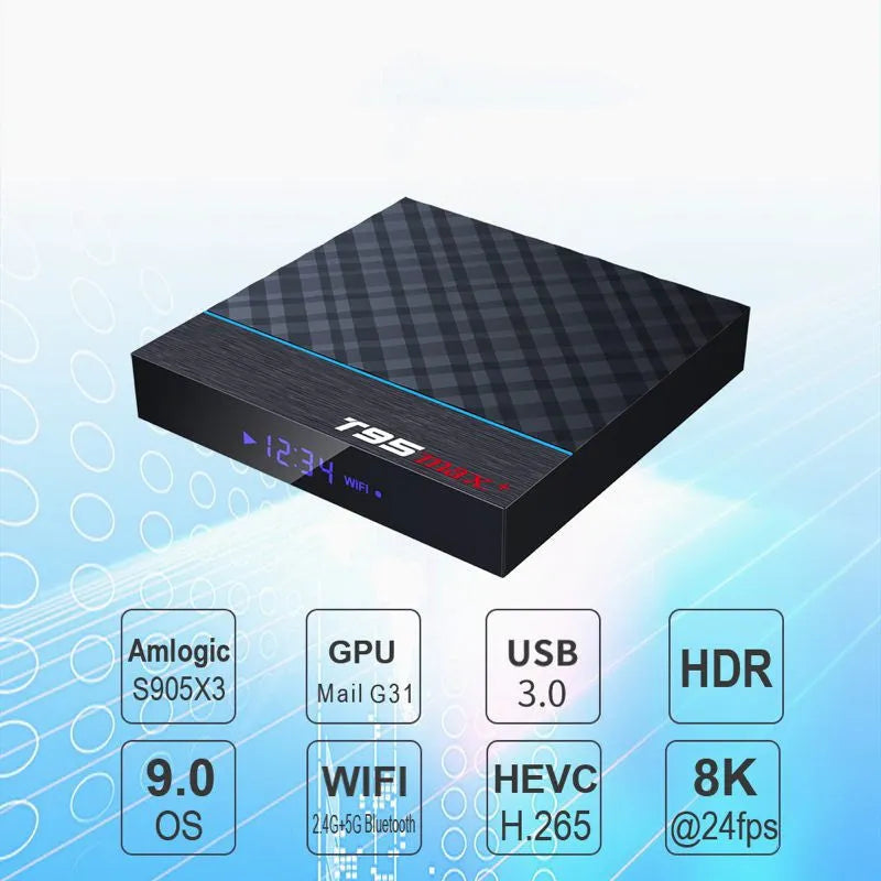 Black T95 Max Plus Android TV box with remote control, showing rear ports for HDMI, USB, and power.