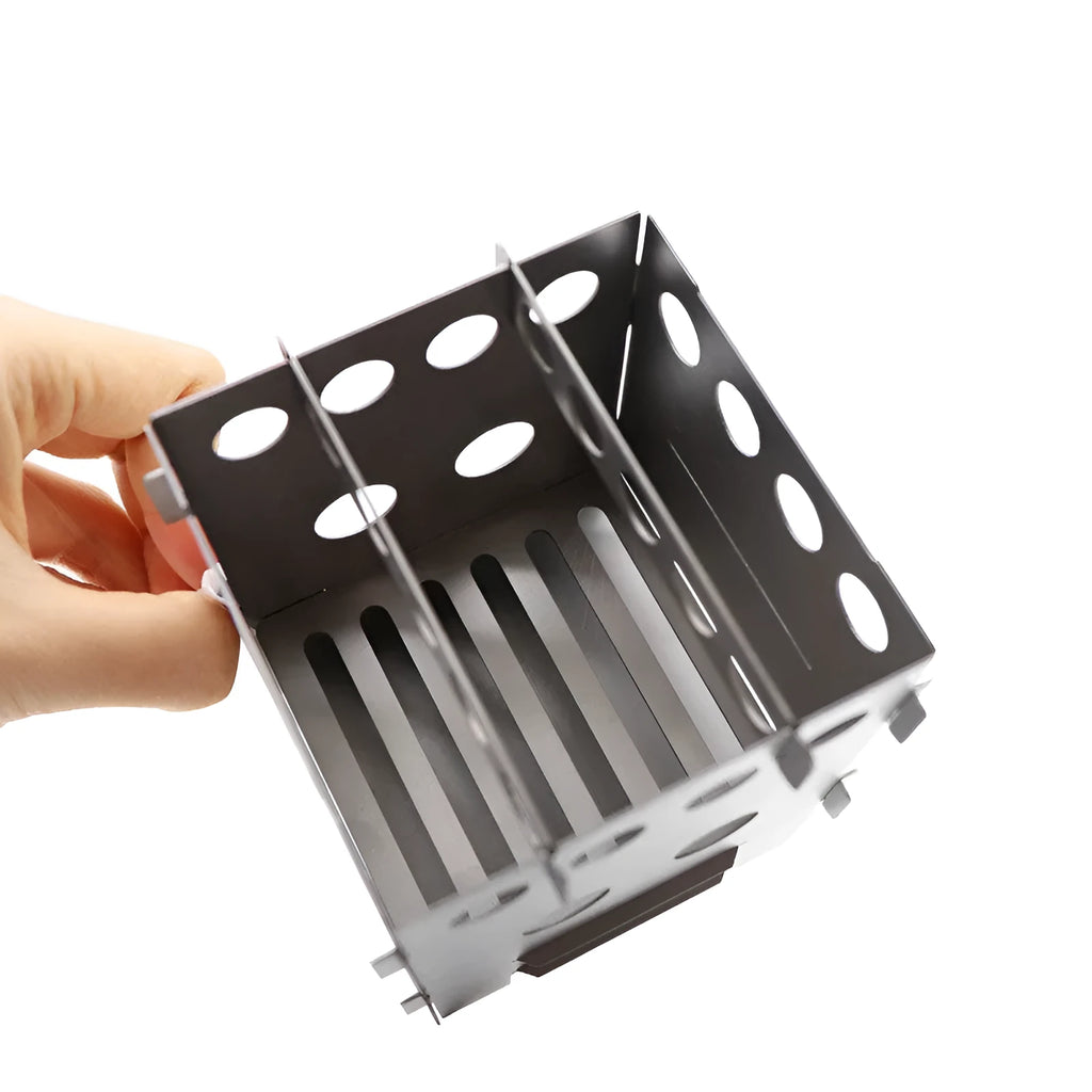 Grey pure titanium alloy multi-fuel camping stove with 115x82x82mm dimensions for outdoor cooking