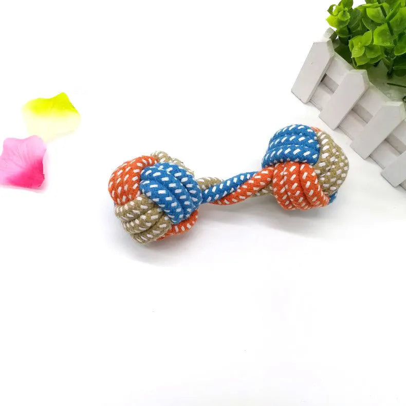 Small dumbbell cotton rope toy in multicolor, approximately 17cm length, for puppy chewing