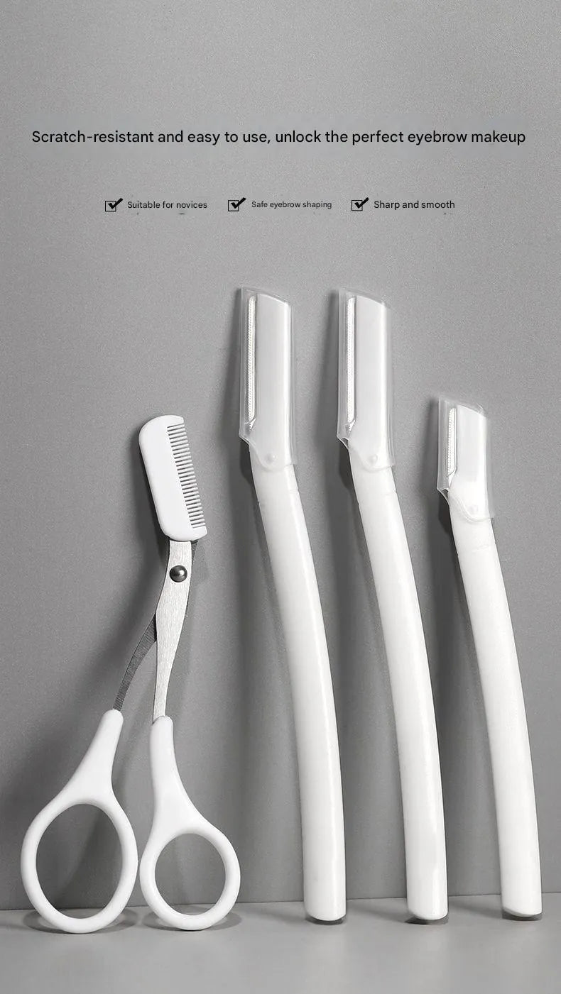 Macro safety eyebrow trimmer set with comb attachments, razor, and cleaning brush
