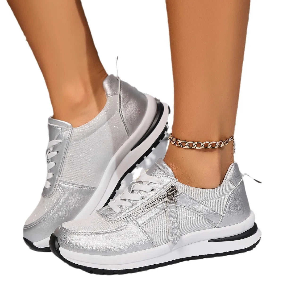 Women's flat bottom round toe lace-up pumps in gold, silver, black, and brown colours