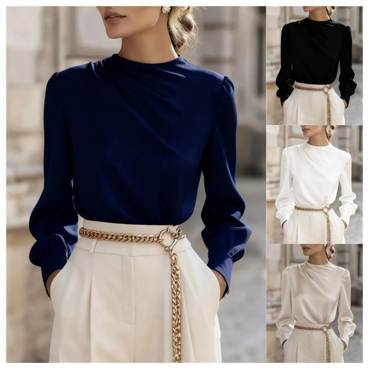 Women's solid colour pleated high-neck lantern sleeve blouse in polyester fabric, available in Black, Navy, Apricot, White