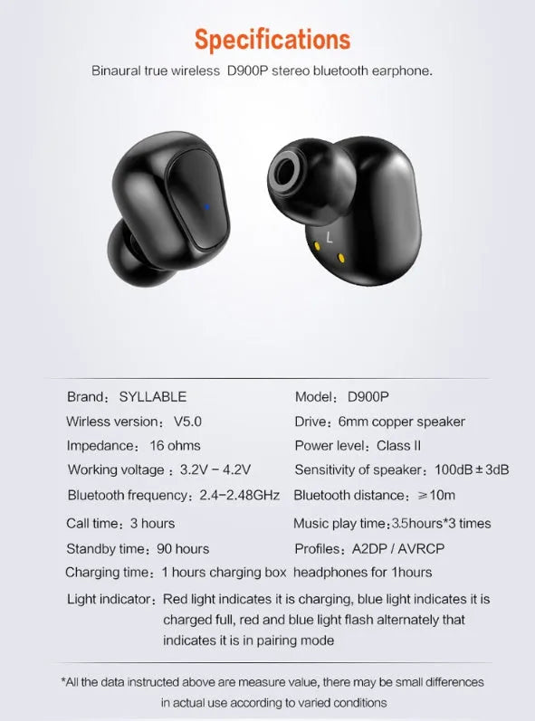 White TWS wireless in-ear sports headphones and compact rectangular charging case on a table.