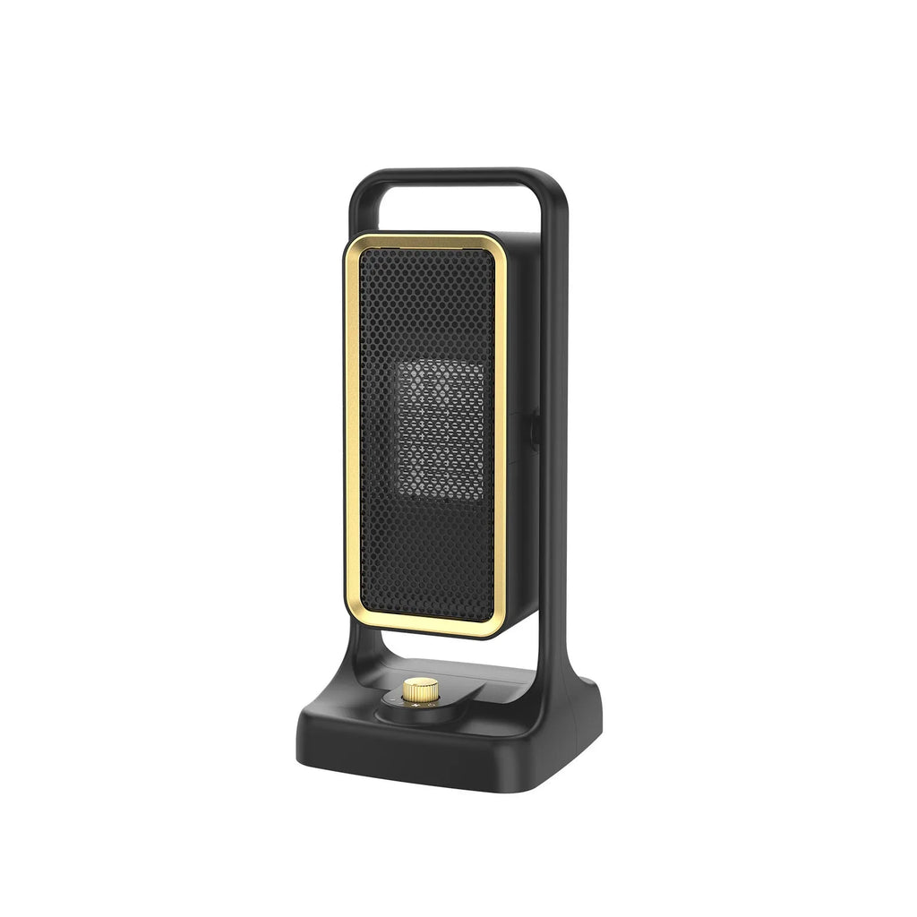 Black desktop PTC ceramic air heater with control knob, measuring 14.9cm wide by 33.5cm high.