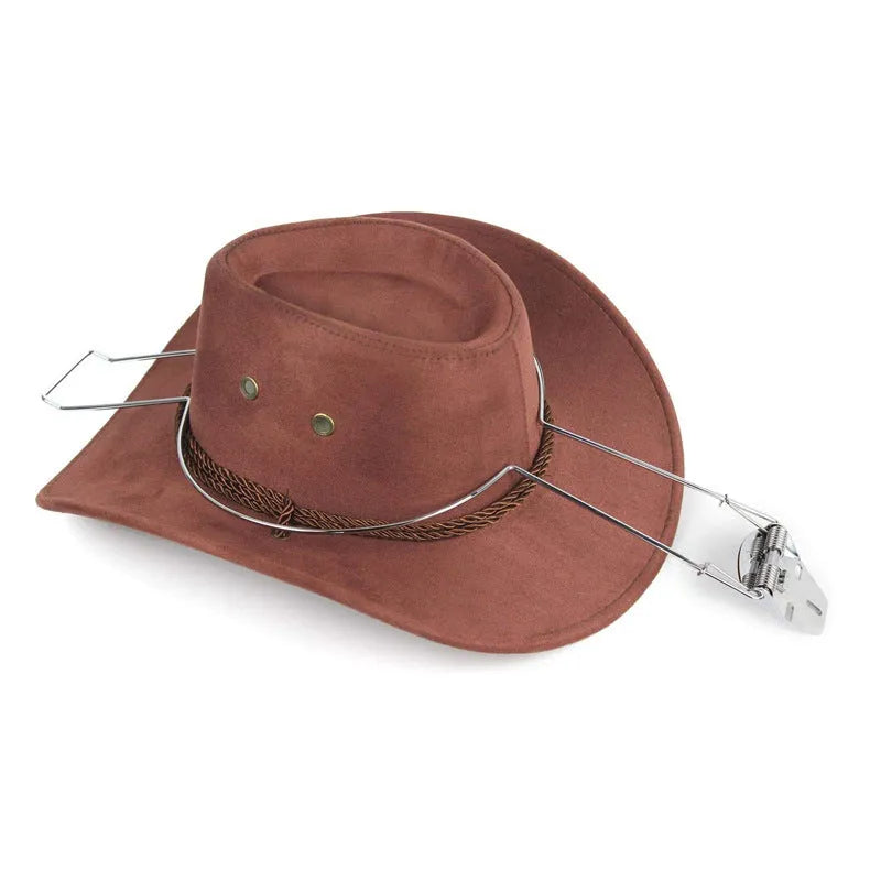 A brown car hat stand with a chrome-plated metal finish for hanging coats and hats.