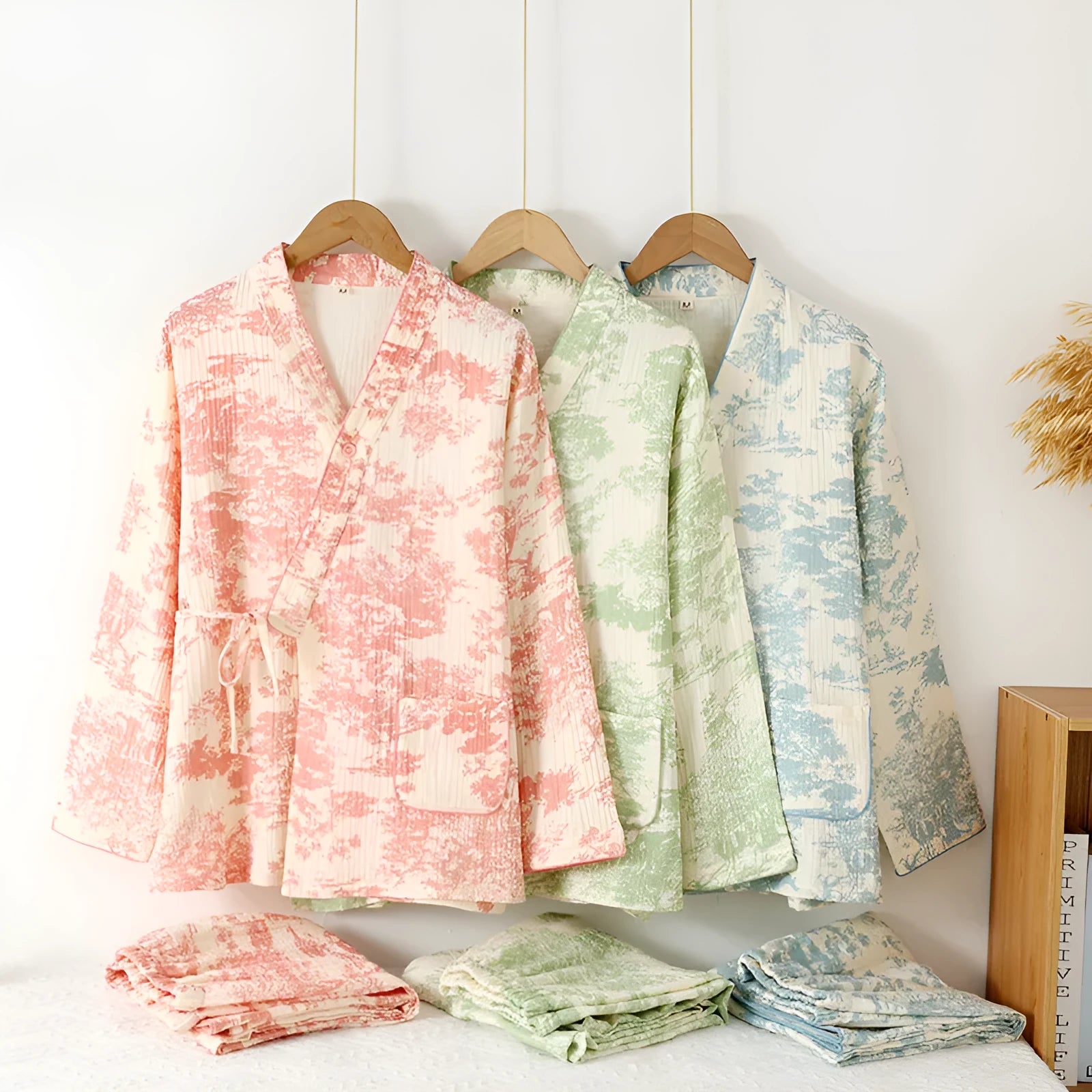 Women's pink pure cotton gauze two-piece suit with lace-up long sleeve top and full-length trousers.