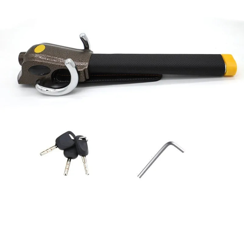 Universal car steering wheel lock in black gold, steel and aluminium alloy with copper core alarm, includes keys and wrench