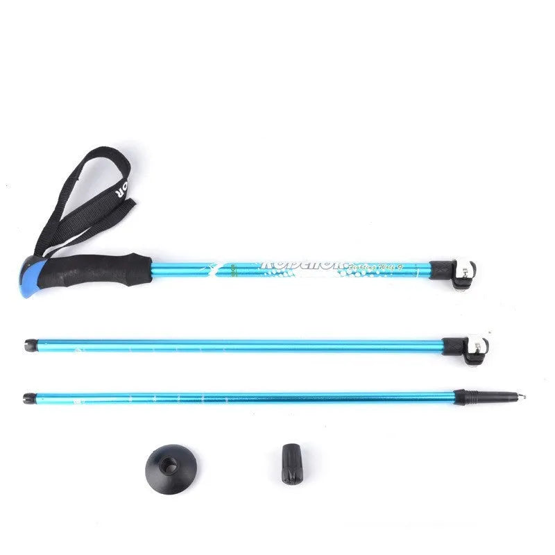 Blue aluminium alloy trekking pole with straight handle extended to full length against a natural outdoor background