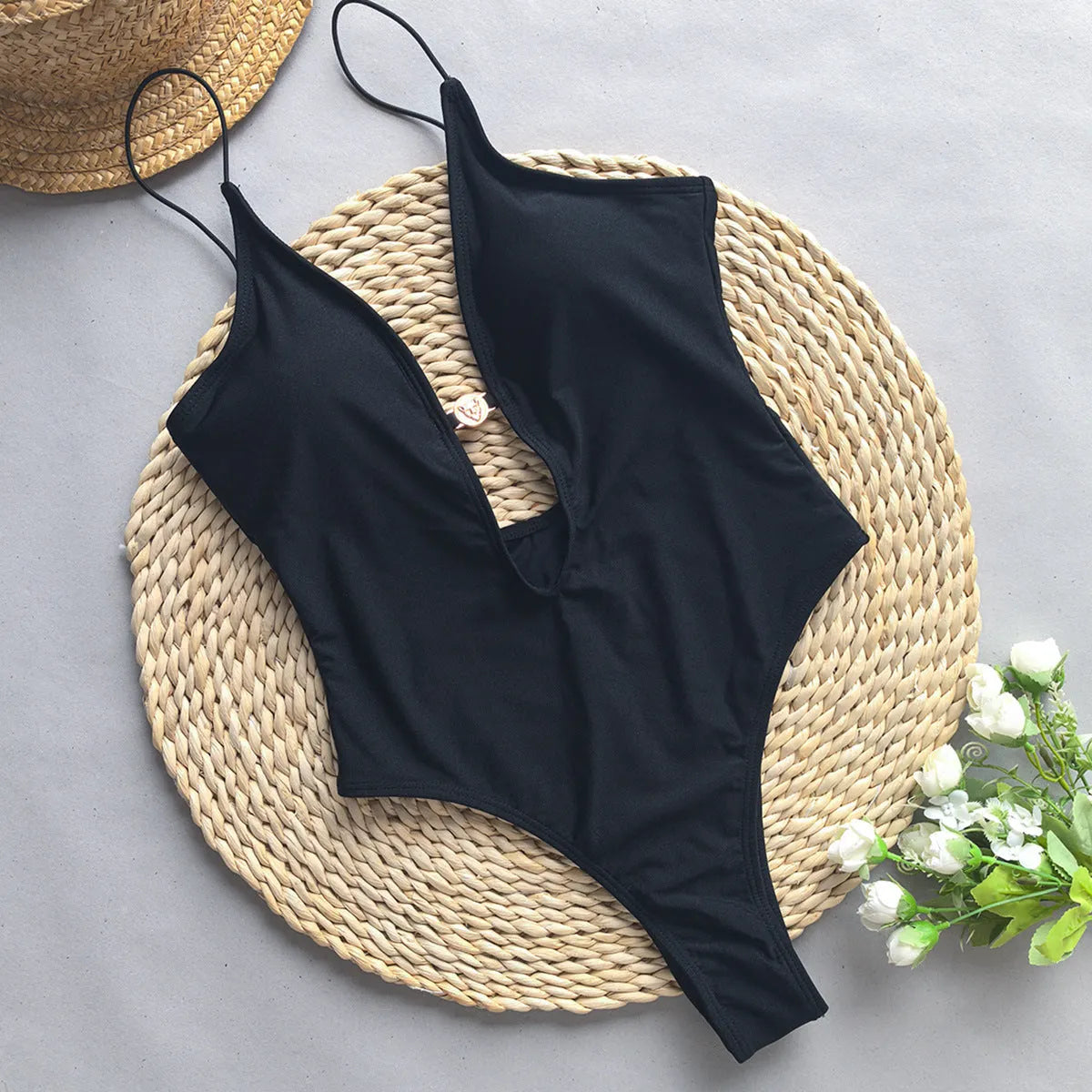 Women's high-elasticity one-piece swimsuit with nylon lining in solid colour, sizes S to L, for swimming and wading