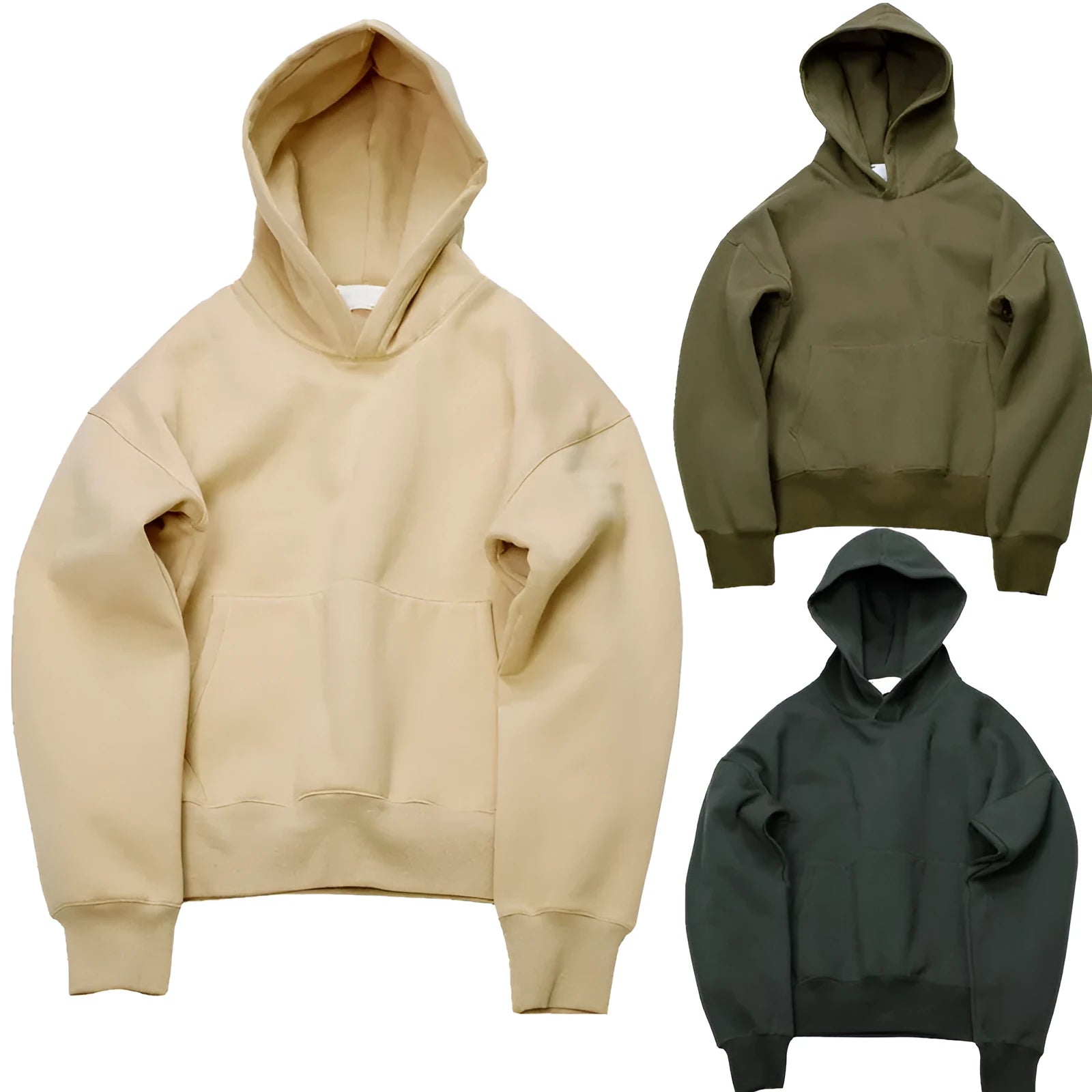 Cotton hoodie with lapel collar in Army Green, size M, front view on a white background