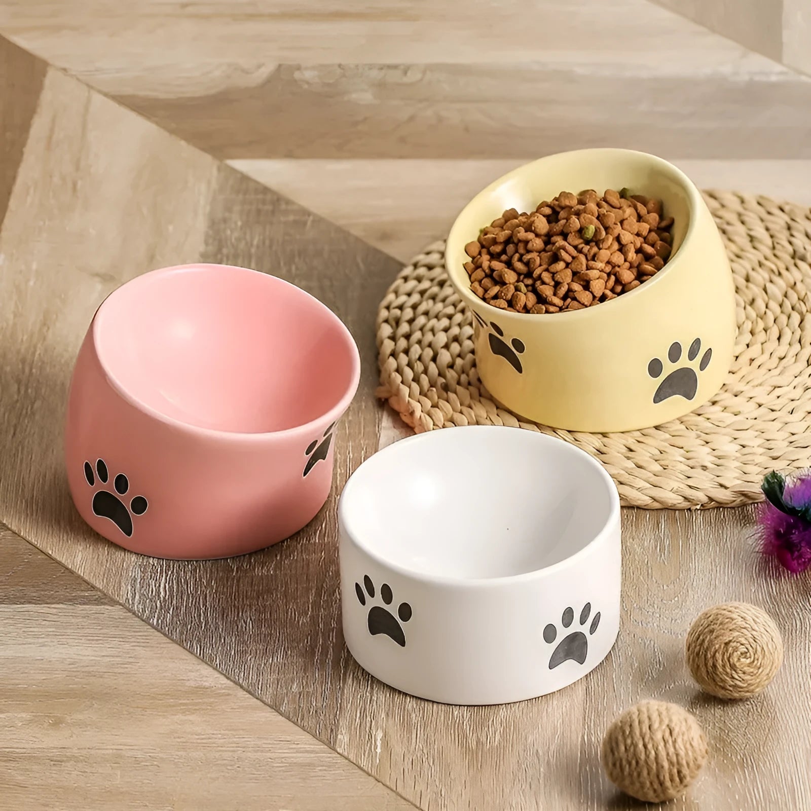 Ceramic cat bowl with cat paw design in black, showing oblique mouth style.