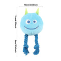 Blue and yellow dog squeaky toy with knot design made from cotton rope and PP cotton filling