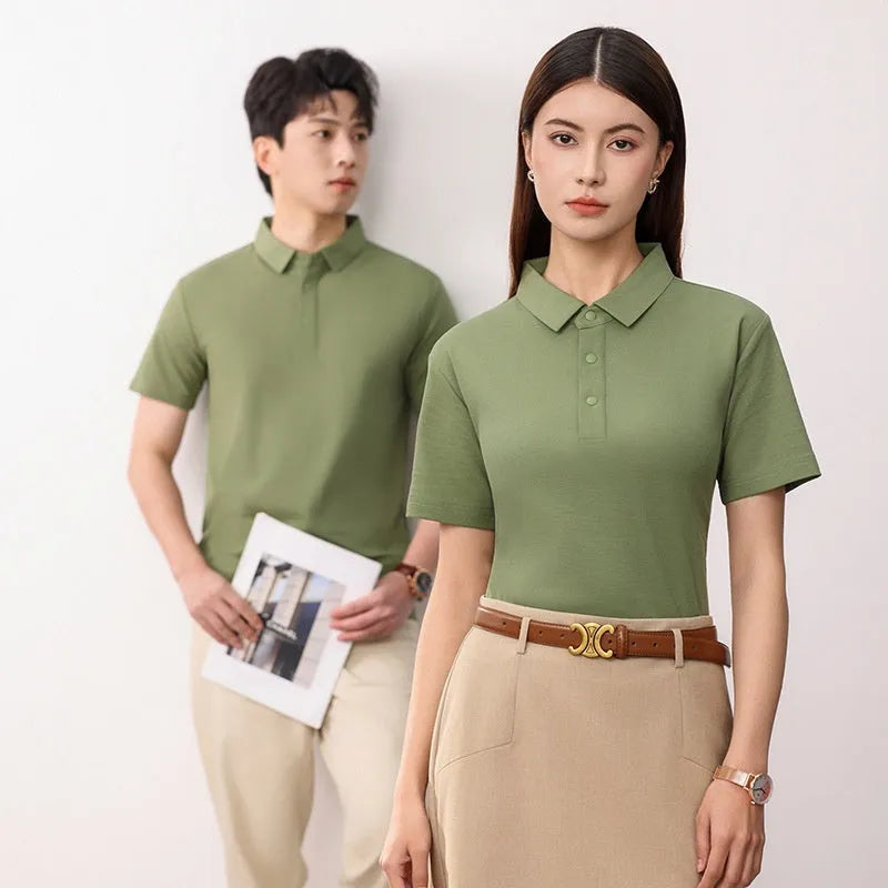 Short sleeve solid colour cotton blend polo shirt for summer business wear, shown in light apricot.