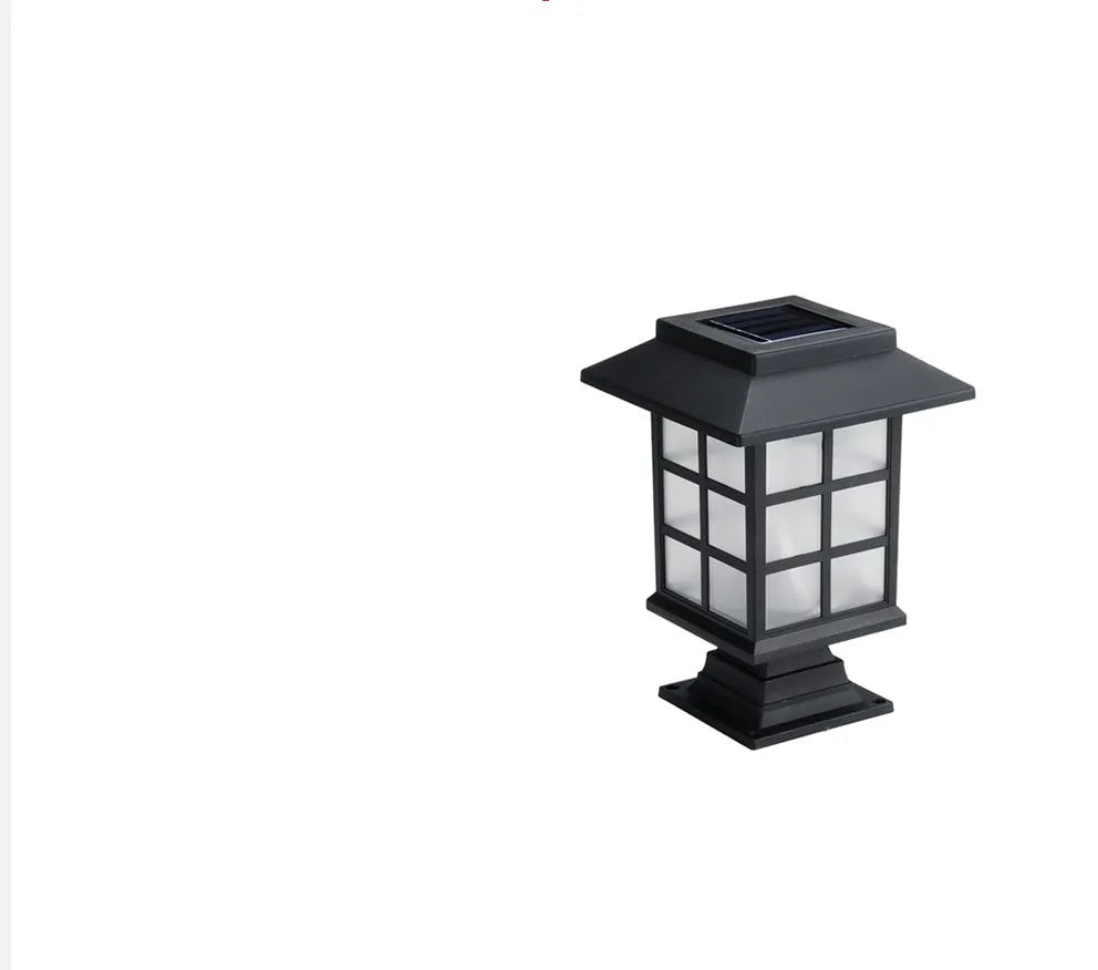 Black solar-powered LED lawn light for outdoor garden and pathway illumination.