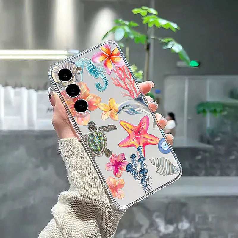 Transparent iPhone case with dolphin turtle design showing through clear TPU material