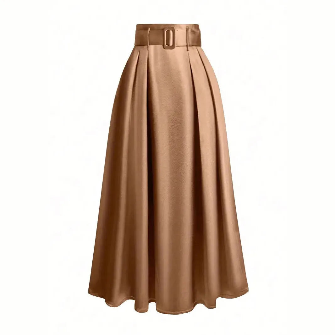 Women's high waist pure color satin skirt with lace-up detail in black, front view