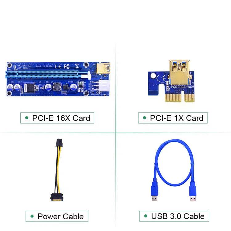 Blue PCI-E 1X to 16X graphics card extension riser with 60cm shielded wire, gold-plated USB3.0 connector and solid capacitors