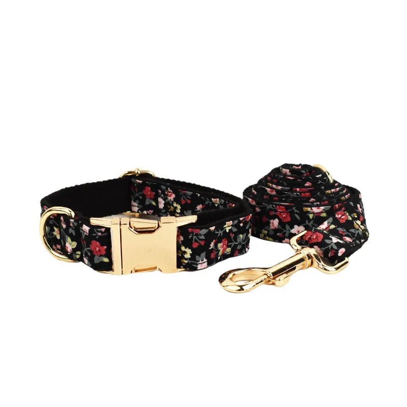 Cloth dog collar set with removable bow, matching leash and vest in four-piece configuration