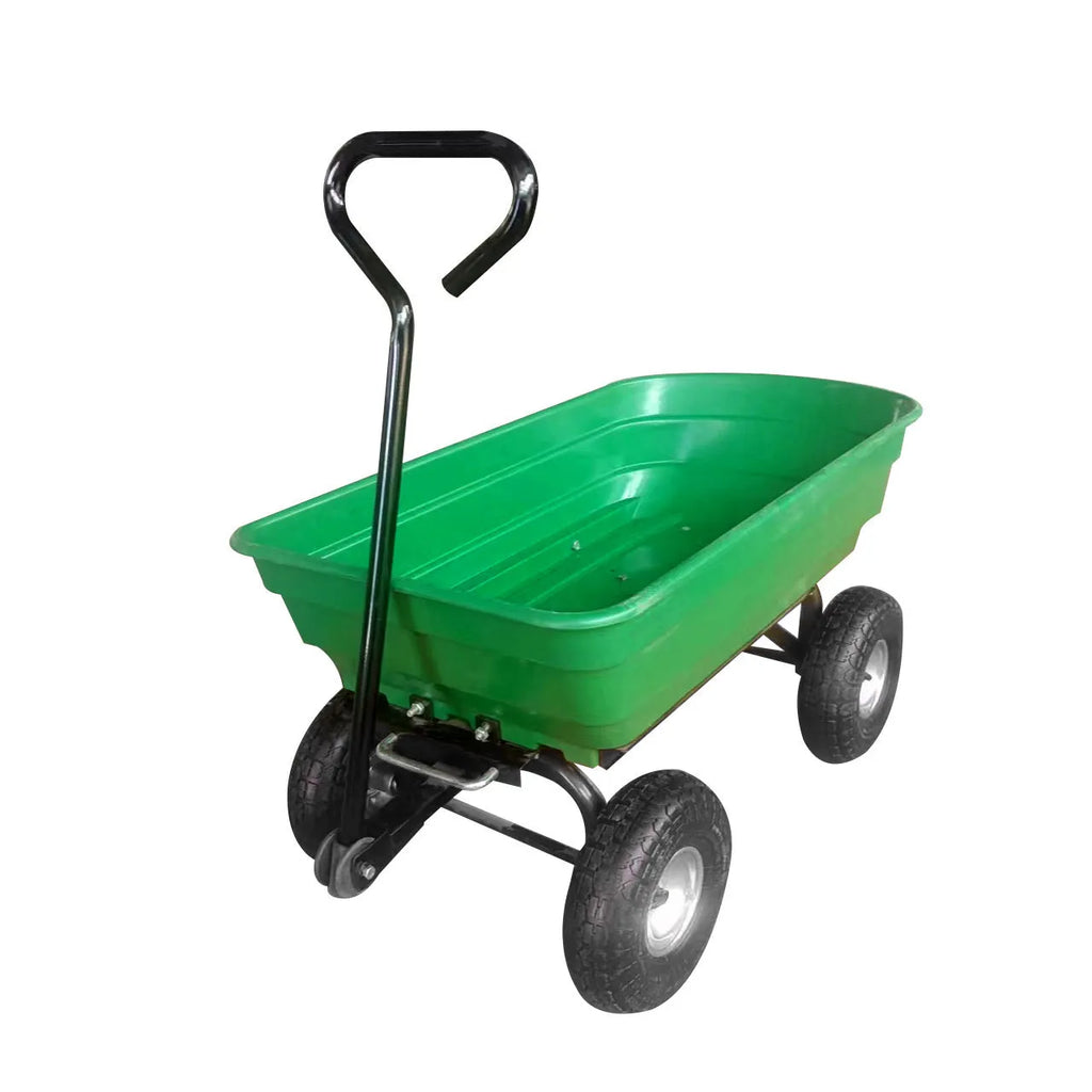 Green four-wheel plastic dump truck with a steel PP body and a tipping load bed.