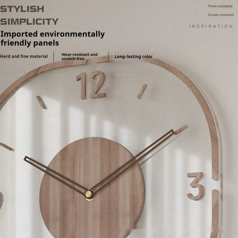 Transparent wooden frame wall clock with modern design showing 35cm square dimensions