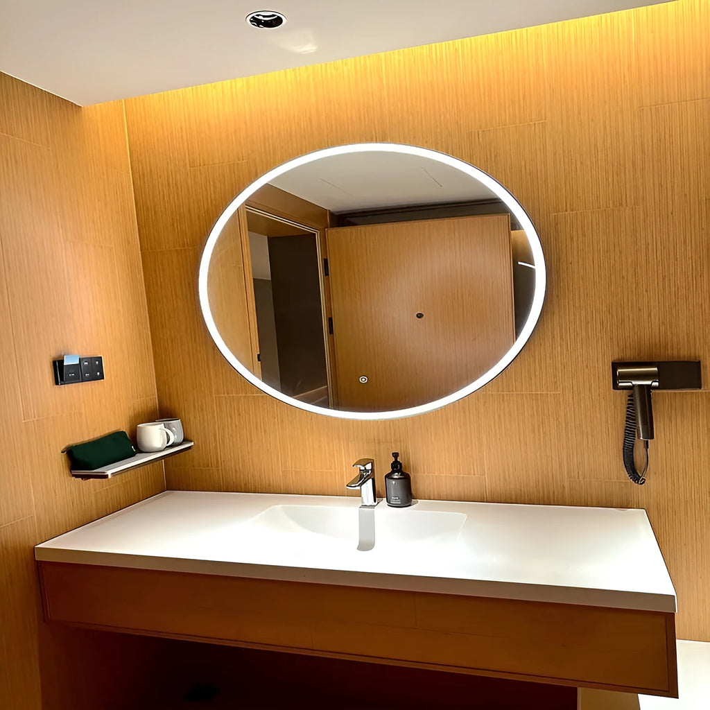 Round black aluminium framed wall mirror with integrated LED lighting rings.