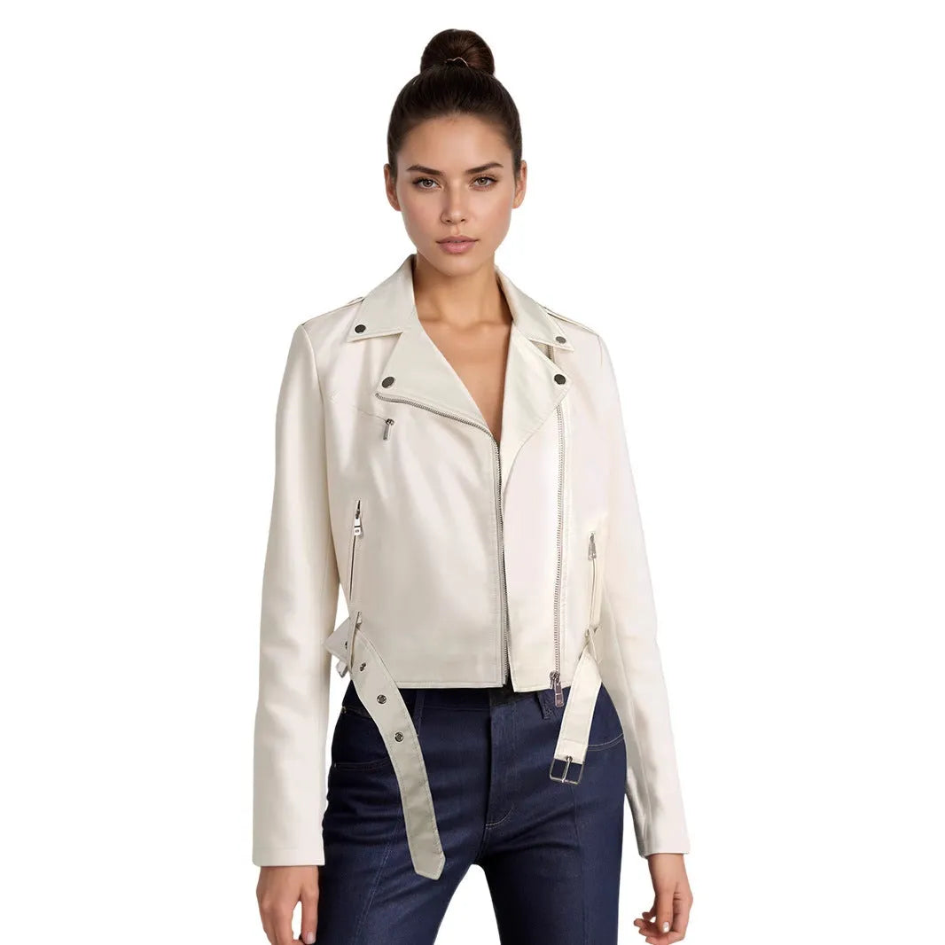 Women's black PU imitation leather motorcycle jacket with an adjustable waist belt, shown front-on.