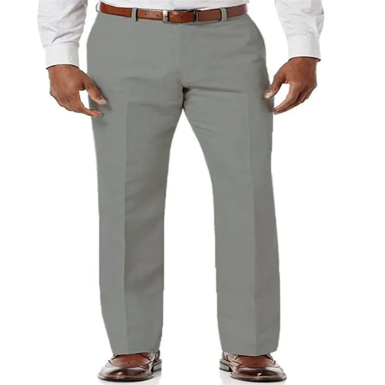 Men's beige white linen casual trousers with slant pockets laid flat.
