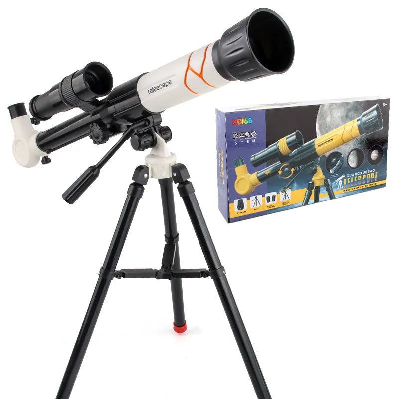 White and yellow plastic 150X kids astronomical telescope on a tripod.