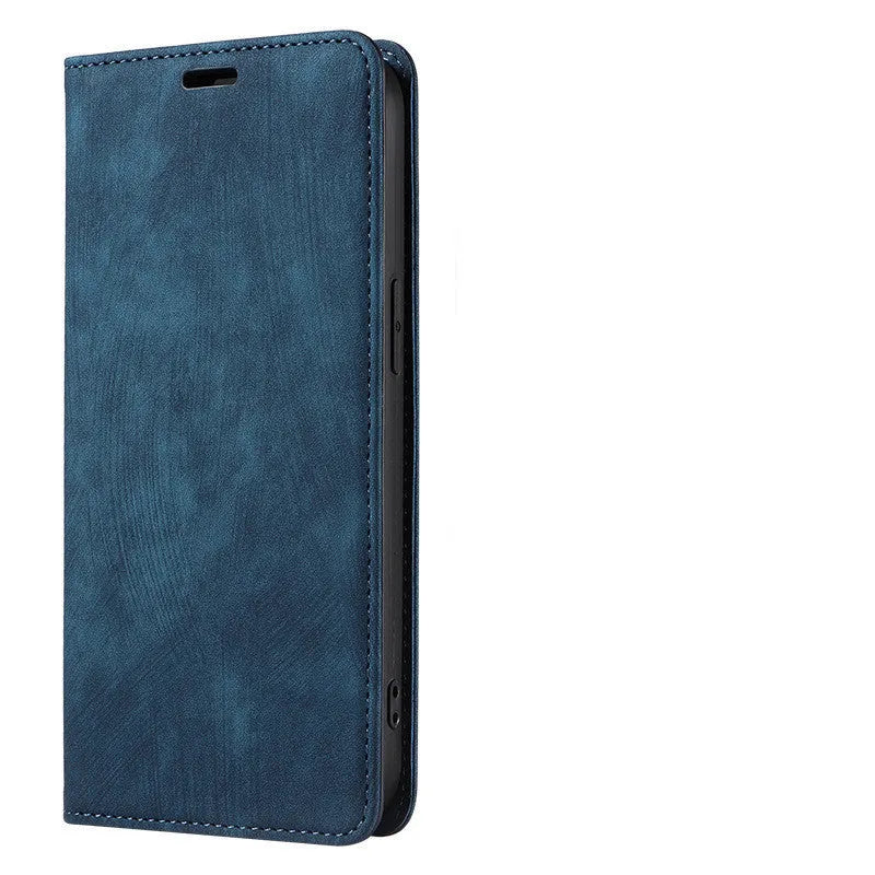 Magnetic flip wallet phone case for iPhone in grey, showing card slots and closed magnetic clasp.